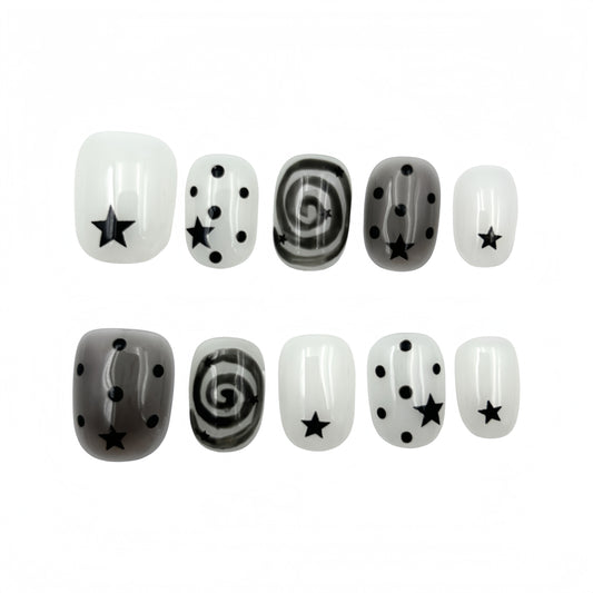Black White Star Press-On Nails - Swirl Dot False Nails UK