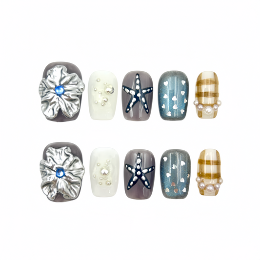 Navy Star Flower Press-On Nails - Pearl Accent False Nails UK