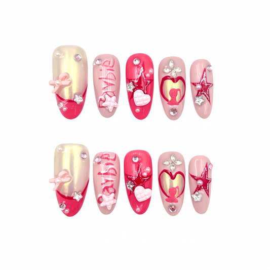 Barbie Pink Star Press-On Nails - Heart Jewel False Nails UK