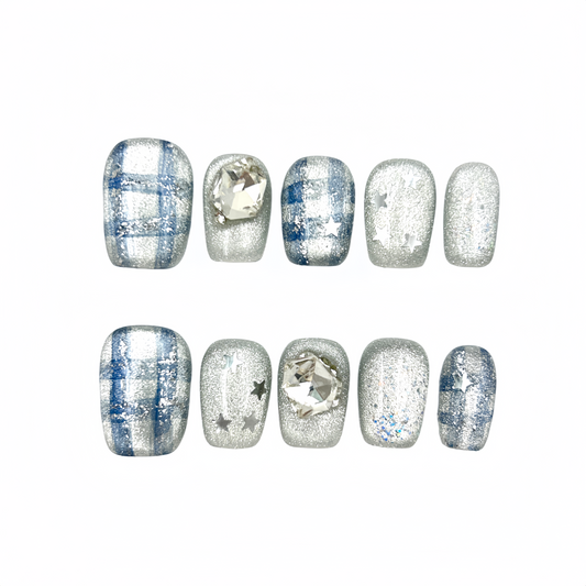 Silver Blue Check Press-On Nails - Star Gem False Nails UK