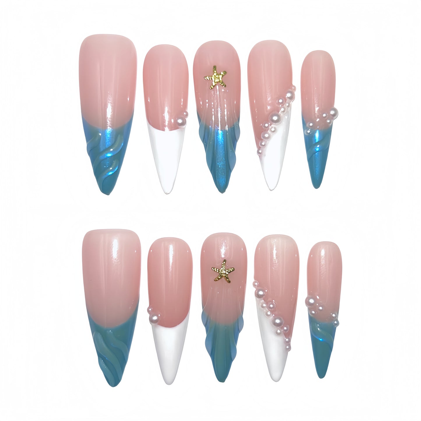 Pink Blue Wave Press-On Nails - Star Pearl False Nails UK